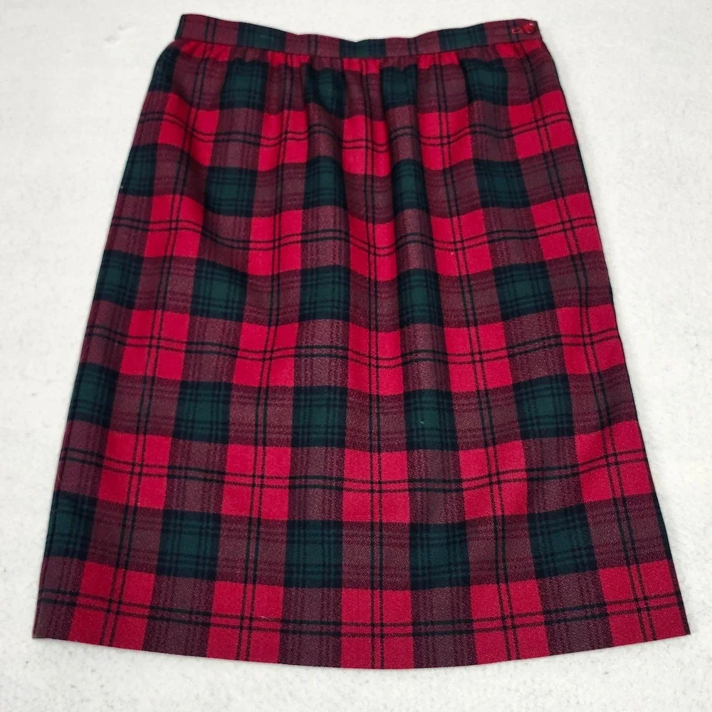 Vintage Tartan Plaid Wool Blend Midi Skirt Red Green Preppy Academic USA 8P